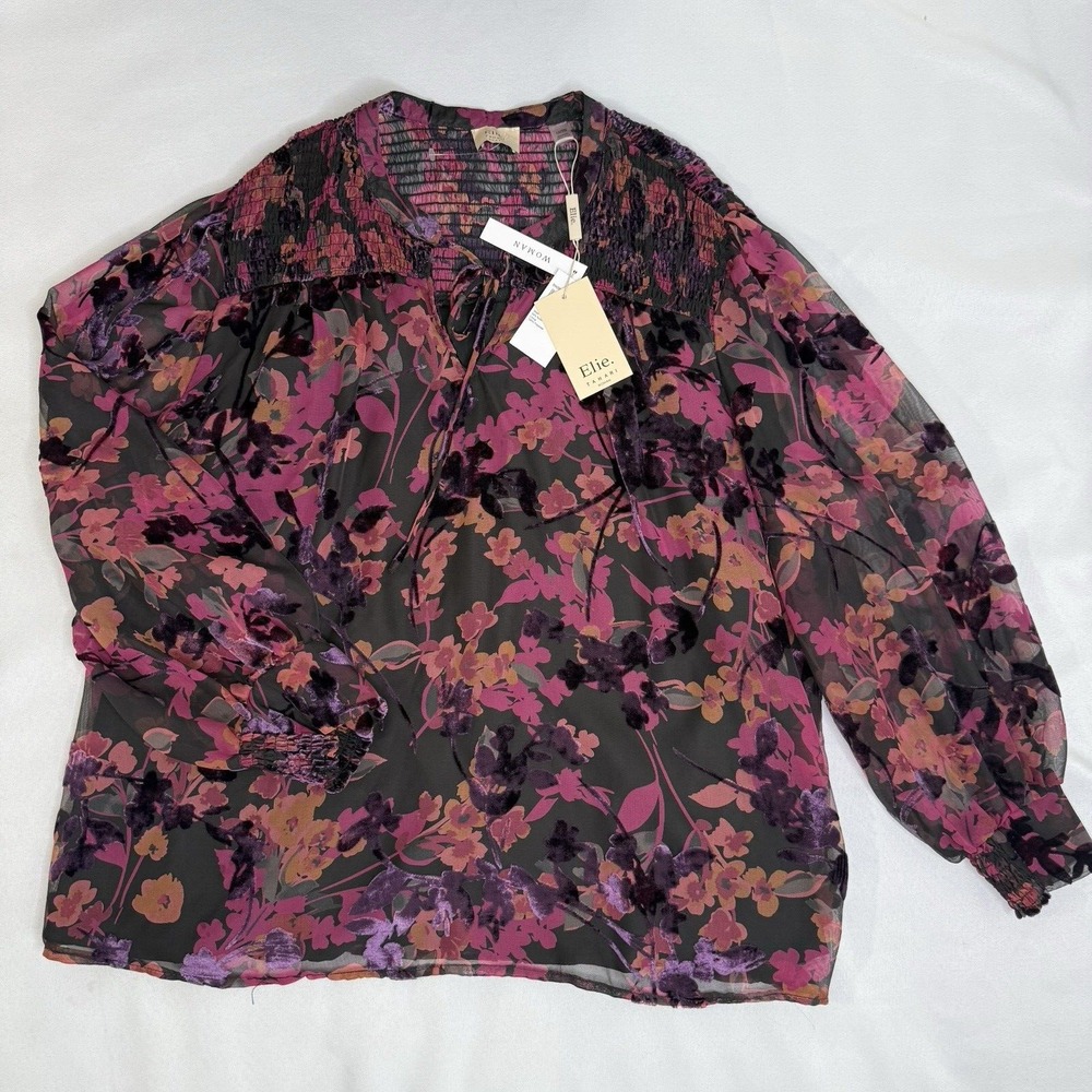 Elie Tahari Woman 1X Velvet Burnout Tunic Peasant Fairygrunge Dark Romantic
